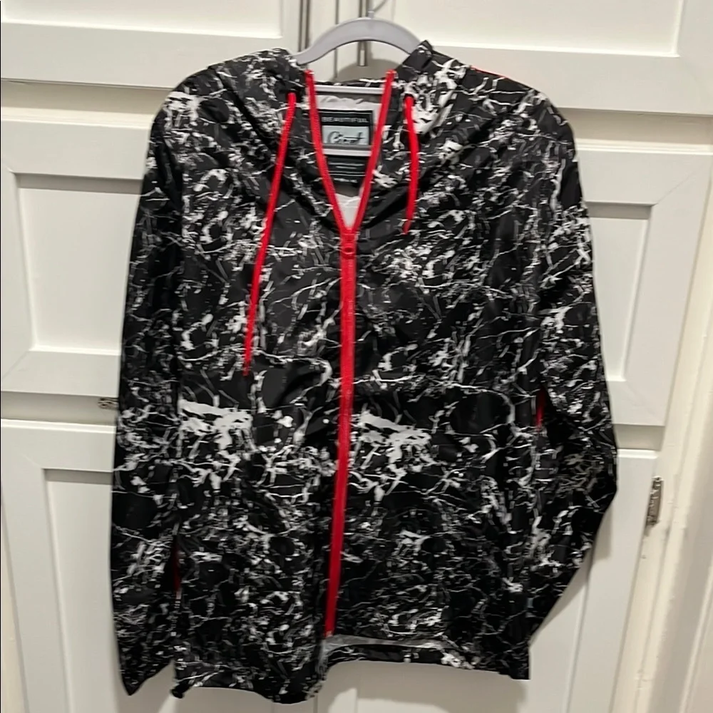Black and White Marble Hoodie with Red Accents